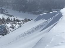 Small natural cornice failure on Prolitariate Bowl.  9750', E aspect.