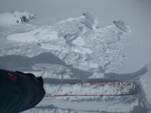 Cornice failure caused by ski kicks on a ENE aspect at 7200 ft.