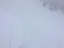 Ski kick on cornice causing failure and small wind slab avalanche.  Visibility almost zero along summit ridge.
