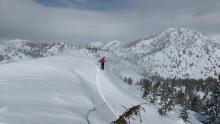 Cornices and blowing snow near the summit of Incline Lake Peak.