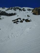 Cornice failure that caused a small loose wet avalanche on an E aspect at 7200 ft. Likely occurred within the last 48 hours. 