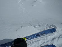 Small 2 inch deep wind slab on a wind-loaded test slope at 8000 ft. 