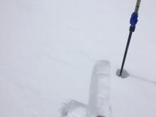 Shooting cracks off of ski tips.  8'' wind blown snow, 9200', SE aspect.