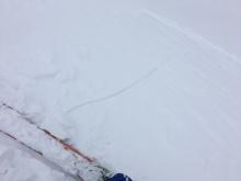 Shooting cracks on wind loaded ridgeline near peak.  8200', E aspect.