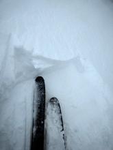 Stubborn wind slab triggered by repeated jumping on this NE facing test slope near the summit of Incline Lake Peak