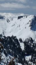 Looking from summit of Rubicon Pk at natural loose wet avalanche on E aspect of Crag Peak.