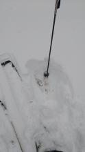 Base of Casltle Pass, 12 in of new snow on bare ground. New snow right side up.