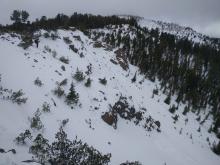 Numerous rocks still visible in the start zones of the far east ridge of Tamarack. Some small gullies did have continuous snow coverage with weak snow near the base. 