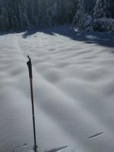 Rain runnels on the snow surface despite 3 to 5 inches of new snow after it stopped raining. 