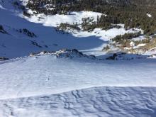 NW/W bowls of Relay Peak.  Wind scoured in areas and wind loaded in areas with hard slabs.