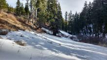 Rare location of faceted snow on S aspect along shaded creekbed at approximately 7200'.