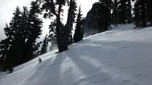 Blowing snow near summit of Rubicon Peak. Fresh wind slabs below summit pinnacle on E aspect.