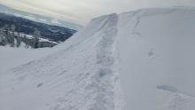 Ski cut on wind loaded test slope above treeline producing no signs of instability.