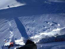 Ski kick caused cornice failure several ft. away from the edge of the cornice above a wind-loaded test slope.