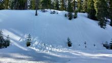 Recent roller balls created by snow falling from sun exposed trees onto colder shaded N aspect terrain did not produce any degree of loose wet avalanche activity.