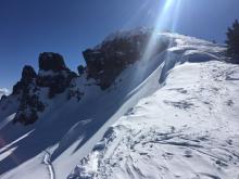 Built out cornices just below Castle Peak.  W-NW ridge is scoured to firm crusts with up to 8'' of wind blown snow on leeward side.