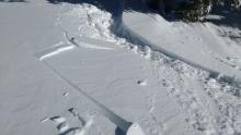 Skier triggered cracking of wind slab formed on Feb 26 (Monday) at treeline on a NE aspect.