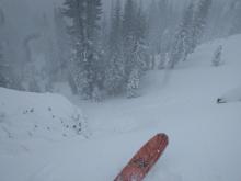 Wind slabs avalanche triggered from the ridge. The avalanche also caused the lower angle slope next to it to shatter but the snow did not slide downhill on the lower angle slope.