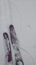 Large cracking around skis in BTL terrain with a density change from the heavier storm snow over lighter density old snow.