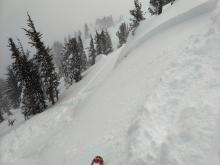 Skier triggered wind slab near top of Peak.  E aspect, 38 degree, 8900'.