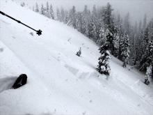 Largest wind slab avalanche triggered by small cornice piece dropped onto the ENE facing slope. A secondary slide released and that crown is 3 to 4 ft. deep. 