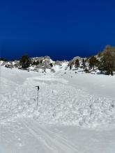 Looking up from the toe of the debris of the loose wet avalanche