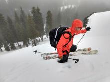 Knee deep wet snow on an ENE aspect at 7560 ft.