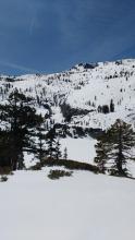 N and NE aspect terrain above Azure Lake in full sun with April high sun angle.