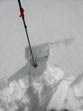 About 30 cm (1 ft) of new snow resting on top of a moist crust on top of wet snow in a meadow at 7500 ft.