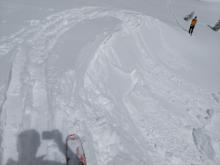Small wind slab triggered by large cornice drop on a ENE facing test slope at 8040 ft. See video.