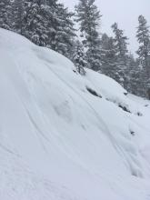 Steep below tree line features displayed loose dry slide characteristics in response to skier activity.