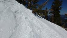 Easily skier triggered loose wet avalanche on test slope. E aspect, at treeline, 9,040', 10:40 am.
