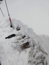 Representative snow coverage in non-wind-loaded terrain. There were numerous exposed and barely covered rocks.