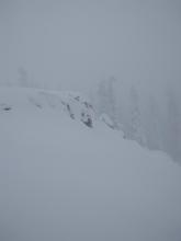 The first wind loaded feature we approached at treeline, E aspect,~7,900'. Intentional remote skier triggered avalanche.