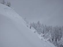 Still another natural wind slab avalanche, above treeline terrain, ENE aspect, ~8,100'. Wide propagation with the far flank about 2/3rds of the way across the open slope in the background. Easily 200' wide.