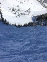 Avalanche debris field. The path dog legs out of sight to the left. 