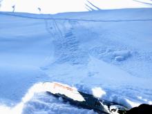 Cornice pieces and loose dry surface hoar sluffs on Wild Flower Ridge.