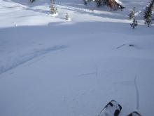 Shooting cracks in wind loaded terrain on small test slopes at lower elevation.