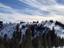 No signs of blowing snow with ridge wind avg 40 mph, gusts to 60 mph on nearby Slide sensor. Ridgeline to the NW of Incline Lake Peak.