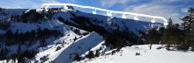 Photo 1: Looking to the west at NE-E aspect near and above treeline terrain along the Sierra Crest, wind scoured snow surfaces and icy crusts were obvious.