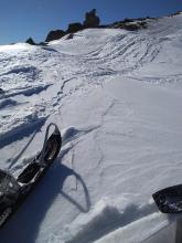 Exposed, snomo ski breakable rain crust on ridgetop at ~8,100'.