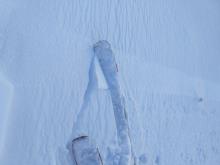 Small inconsequential cracking on a wind-loaded test slope. The shiny track in front of my ski is not the track of a giant snow snail, but rather surface hoar that collapsed as a small cornice piece slide down the slope.