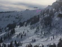 Skiers right side of the crown drawn in pink. Slide appeared to start close to the ridge