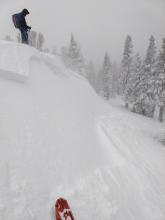 Wind slab failure on a N-NE facing test slope on the far east ridge of Tamarack.