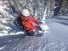 15 cm wind slab at treeline. Ski pen thigh deep.