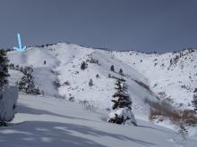 Davis Creek area as seen on Feb 7 with Feb 5 avalanche noted below arrow.