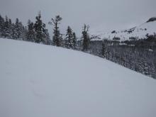 Moderate amounts of blowing snow noted as we approached near treeline terrain.