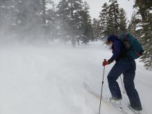 Strong winds were moving snow in below treeline areas