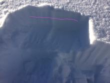 The pit from our shovel tap tests. The pink line is the new old snow interface that begrudging, but cleanly broke