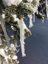 New rime ice on icicles. Did not affect our travel plans, but was fun to see. 